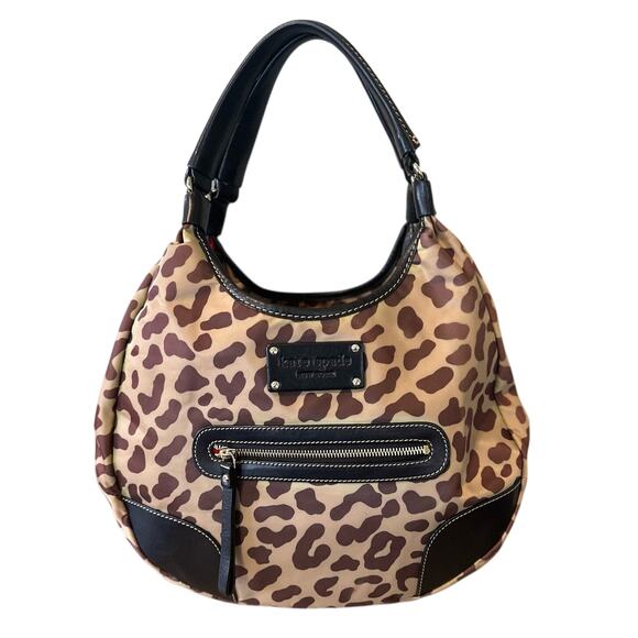 Kate Spade Hobo Bag Leopard Print Nylon Leather Trim Animal Print Purse Satchel - Picture 1 of 8